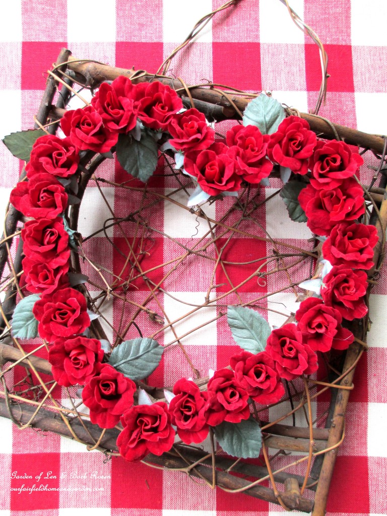 heart wreath on a red & white checked runner https://lolajack.jp.net/be-my-valentine-valentine-decor/