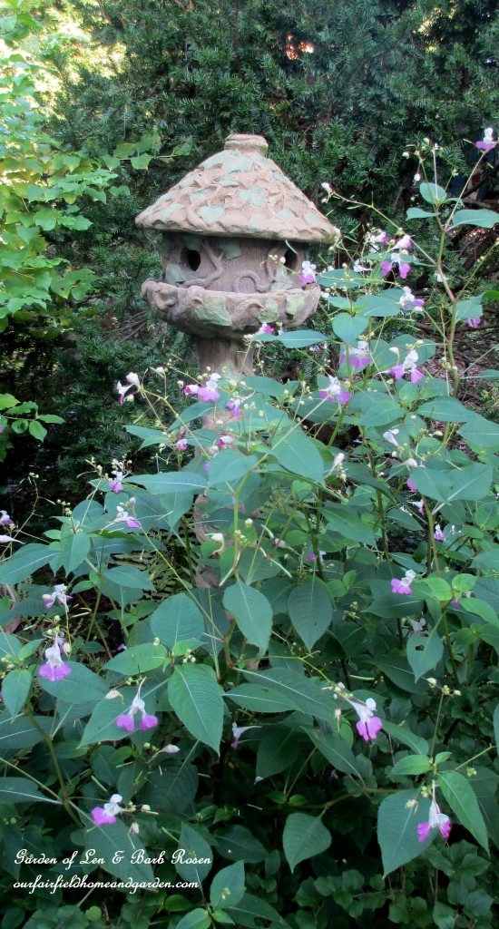 Impatiens Balfourii & the concrete birdhouse https://lolajack.jp.net/garden-walk-early-fall-garden/