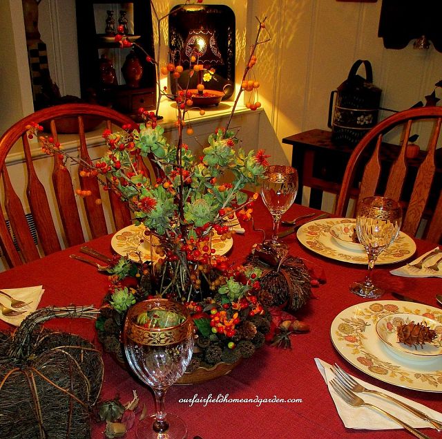 Thanksgiving Table decorated with Fall seed pods and bittersweet https://lolajack.jp.net/autumn-garden-accents-inside-and-out/