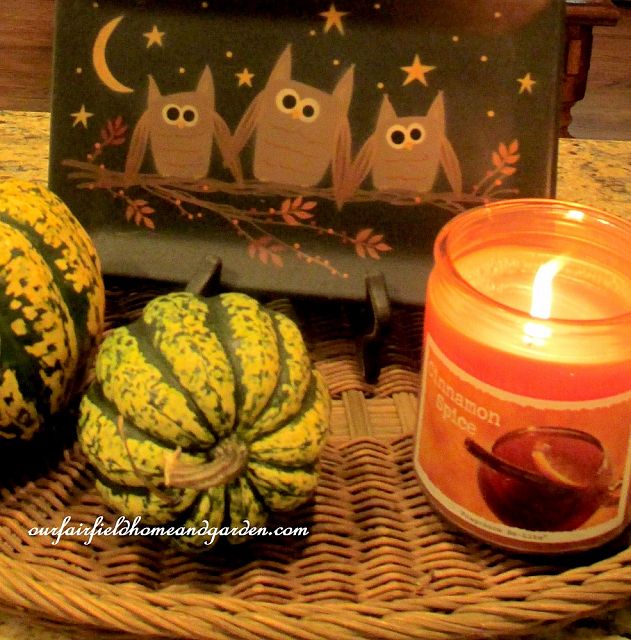 Little owl tray, gourds and a scented candle in our Fall kitchen. https://lolajack.jp.net/autumn-garden-accents-inside-and-out/